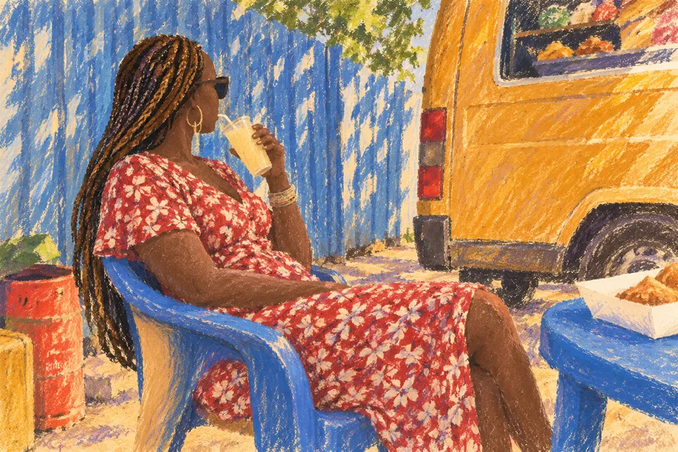 Pastel illustration of a woman in a red floral dress holding a drink.
