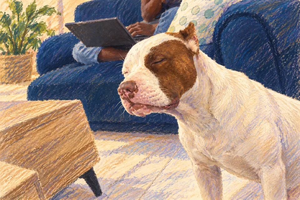 Pastel illustration of Bolt beside a blue sofa and a person using a laptop.