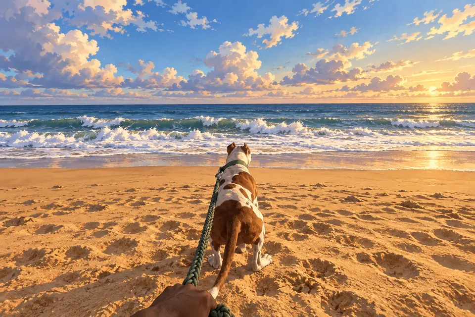 Painted illustration of Bolt on a green leash beside the sea at sunset.