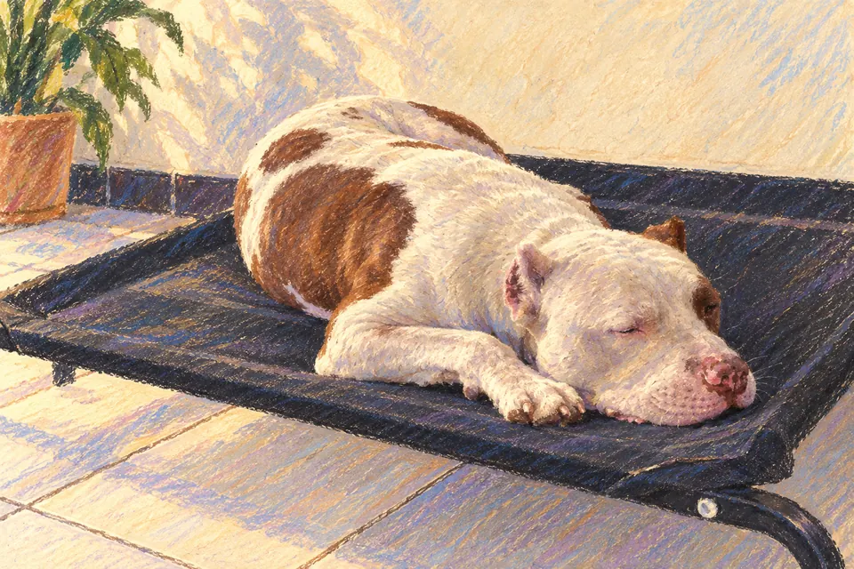 Pastel illustration of Bolt curled up on a raised black dog bed.