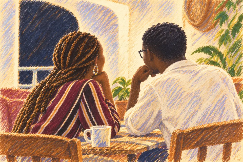 Pastel illustration of two friends sitting together, seen from behind.