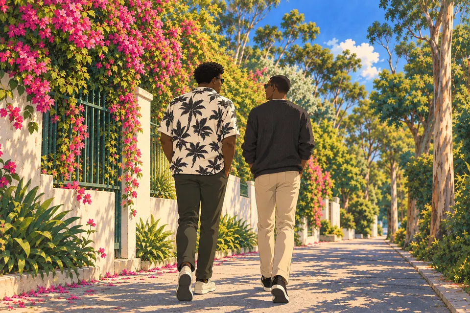Painted illustration of two tall friends walking along a leafy street.