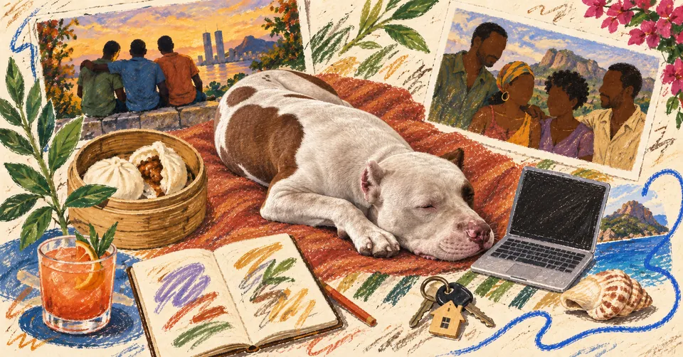 Pastel collage of Bolt surrounded by memories of friends, travel, bao buns, a cocktail, a notebook, and a laptop.