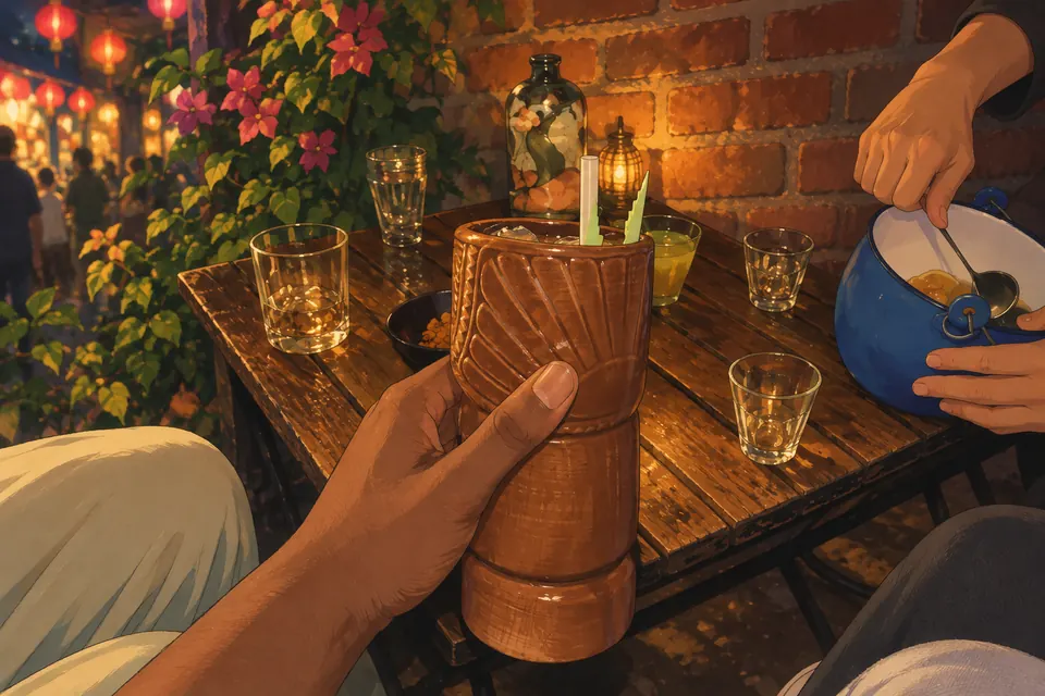 Painted illustration of a hand holding a tiki cocktail at a bar.