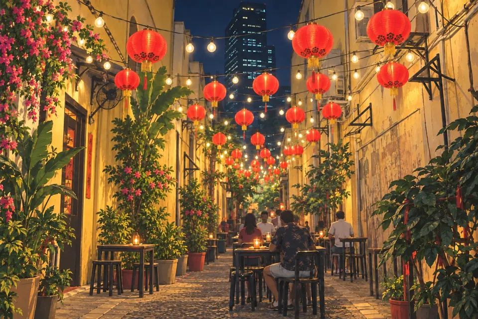 Painted illustration of diners beneath red lanterns in a warm, narrow alley.