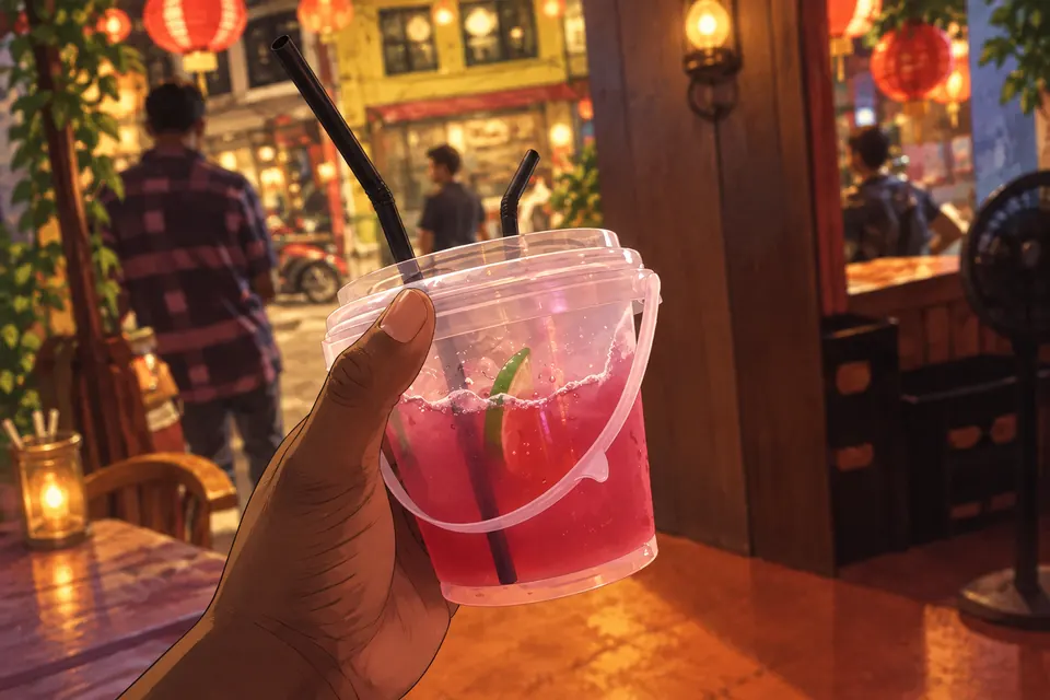 Painted illustration of a pink bucket drink at a street café.