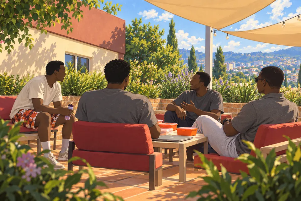 Painted illustration of four friends around an outdoor coworking table.