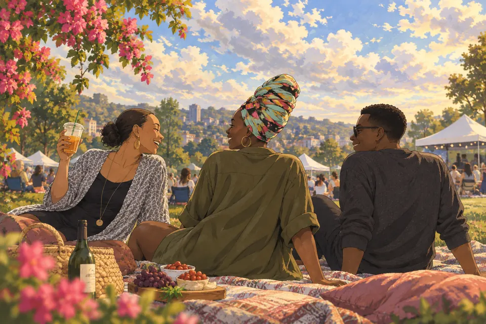 Painted illustration of three friends sitting together at an outdoor event.