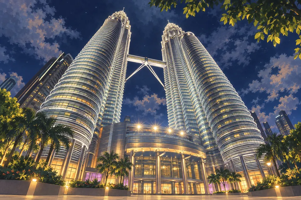 Painted illustration of the illuminated twin towers against an indigo sky.